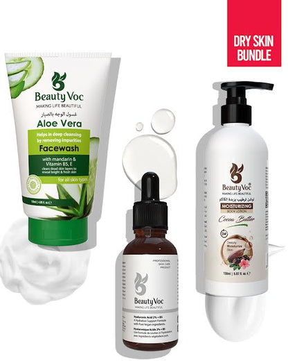 DRY SKIN BUNDLE - Aloevera Facewash | Hyaluronic Acid Serum | Cocoa Butter Lotion 150 ml