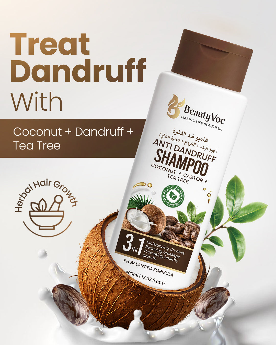 Anti Dandruff Shampoo 400ml | With Coconut, Castor & Tea Tree | Controls Dandruff, Reduces Hair Breakage & Moisturizes Dry Hair | Herbal Hair Growth Shampoo