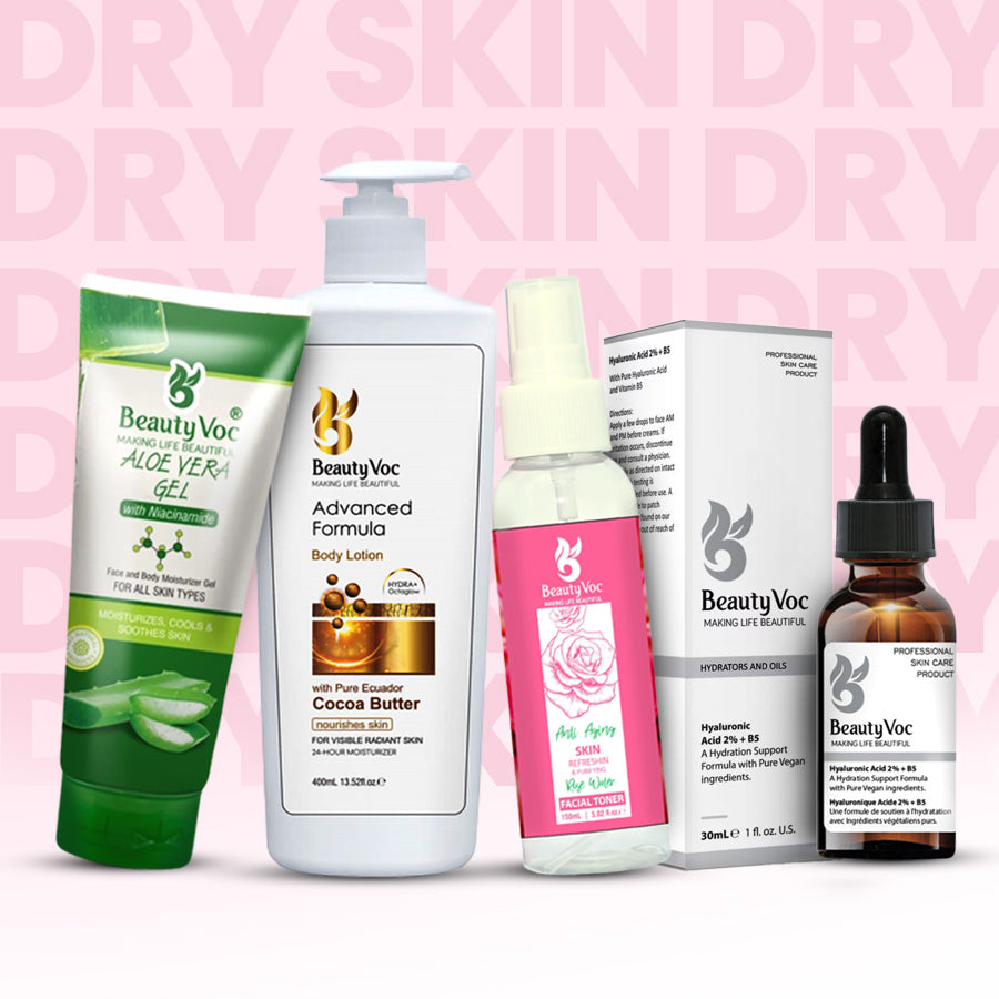 Dry Skin Bundle - Hyaluronic Serum | Cocoa Butter Lotion | Aloevera Gel | Rose Water