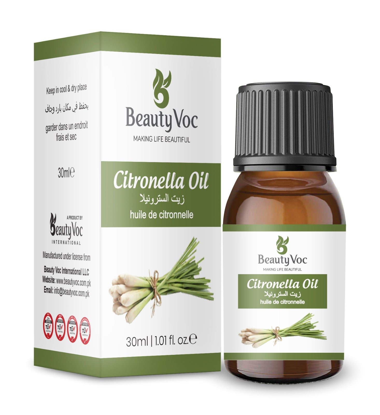 BeautyVoc Citronella Oil 30ml | 100% Pure Cold Pressed | Natural Mosquito & Insect Repellent | Antibacterial, Antifungal & Skin-Soothing Oil | Stress Relief & Muscle Care