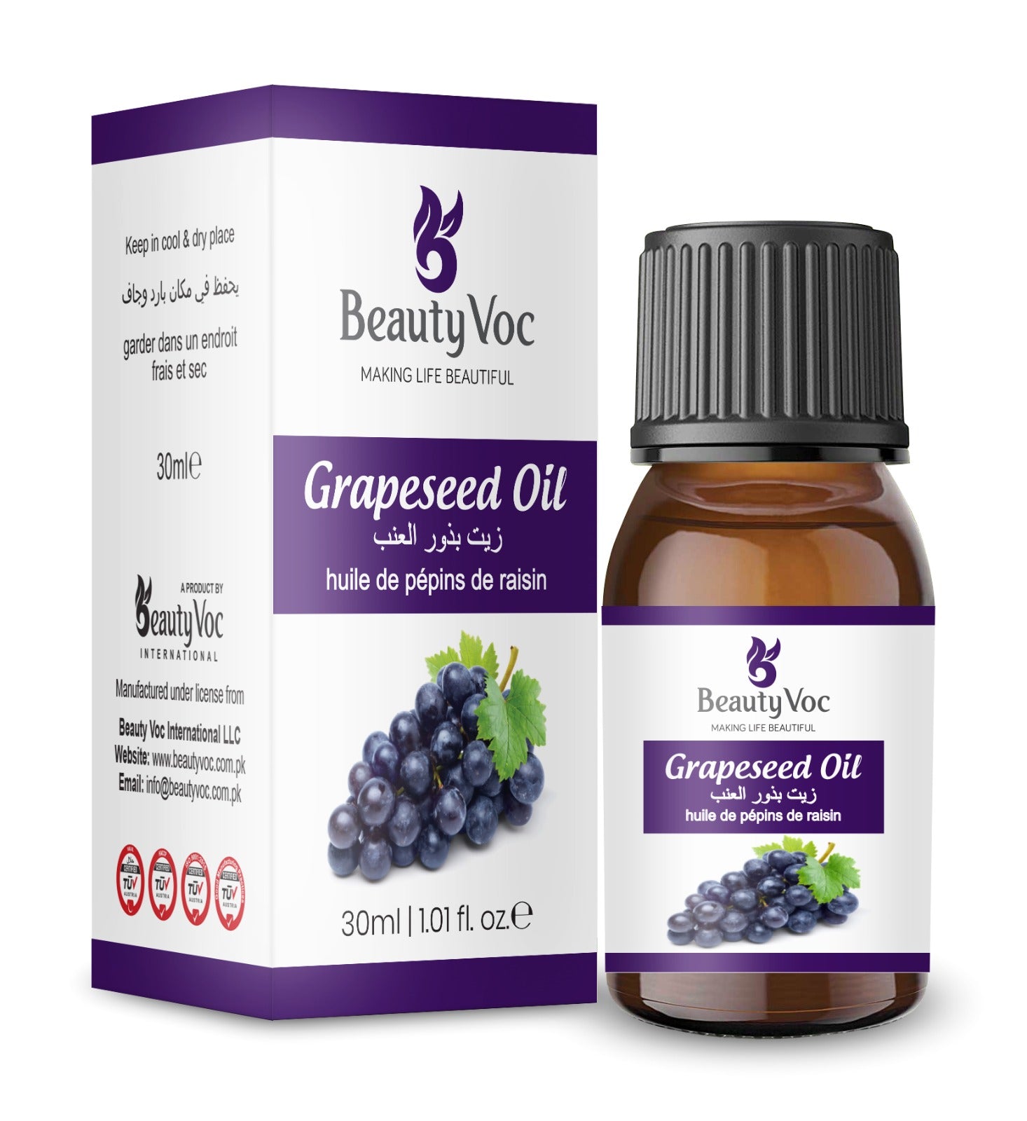 BeautyVoc Grapeseed Oil 30ml | 100% Pure Cold Pressed | Anti Aging, Skin Moisturizer & Hair Growth Oil | Cholesterol Management | High smoke point