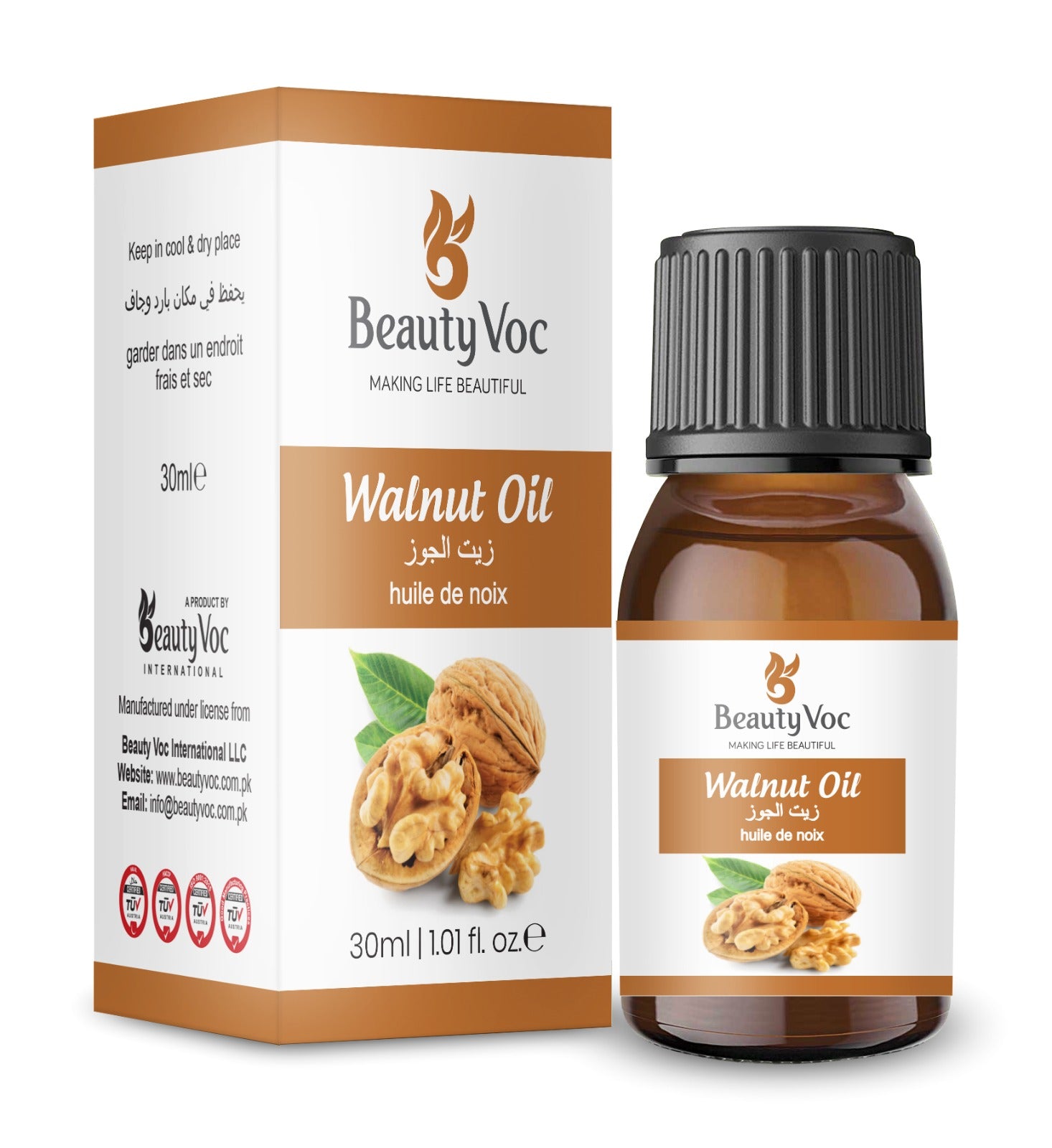 BeautyVoc Walnut Oil 30ml | 100% Pure Cold Pressed | Heart Health & Brain Health, Skin Hydration & Hair Nourishment Oil