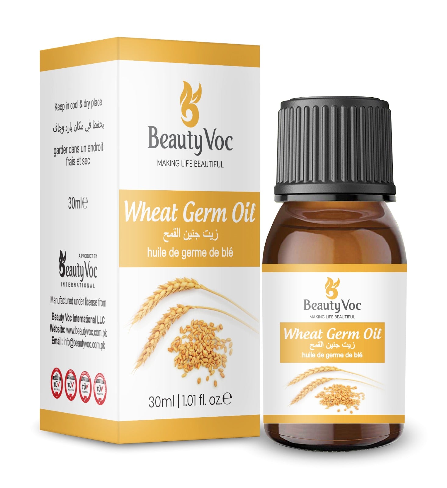 BeautyVoc Wheat Germ Oil 30ml | 100% Pure Cold Pressed | Skin Hydration, Anti Aging, Hair Strengthening & Heart Health Oil