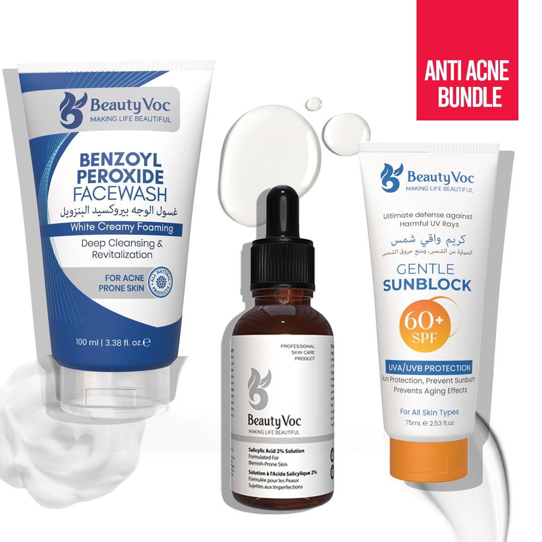 Anti acne Skin Bundle - Benzoyl Facewash | Salicylic Acid Serum | SunBlock - Best Acne treatment